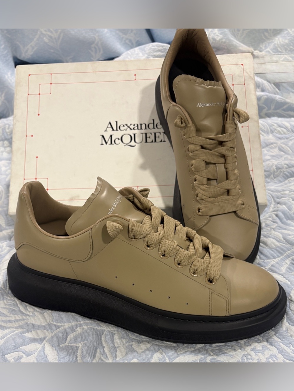 Alexander McQueen Beige Leather Sneakers with Black Platform Sole